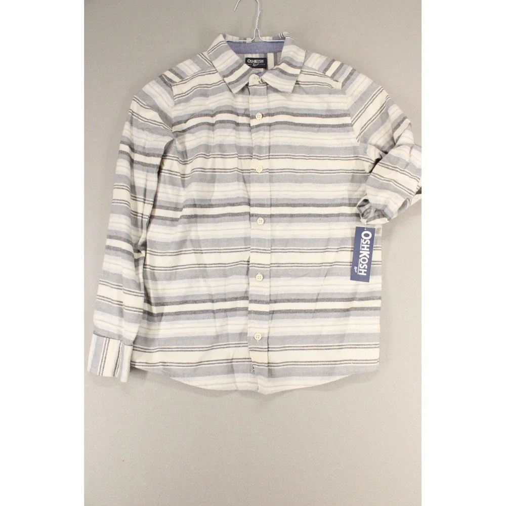 OshKosh Bgosh Boys Grey Blue Striped Flannel Button Down Shirt Size 12 NWT